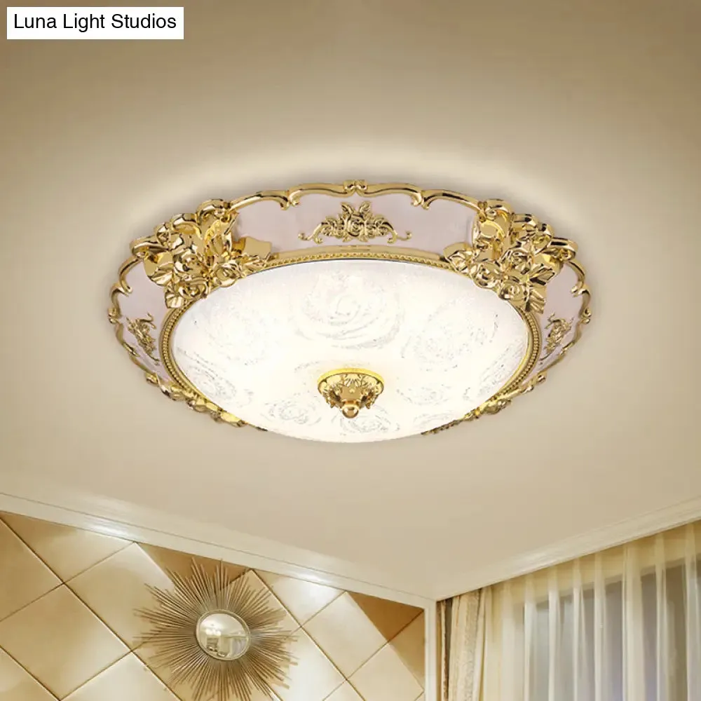 Country Textured Glass Flush Mount Light - LED Gold Bowl Living Room Lighting (12"/16"/19.5" W)