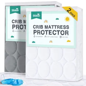 Crib Mattress Protector/ Pad Cover - 2 Pack, Quilted Microfiber, Waterproof, Grey & White (for Standard Crib/ Toddler Bed)