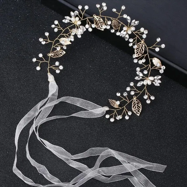 Crystal Rhinestone Bridal Headpieces Satin Ribbon Wedding Hair Accessories for Brides Tiaras Crowns Headbands