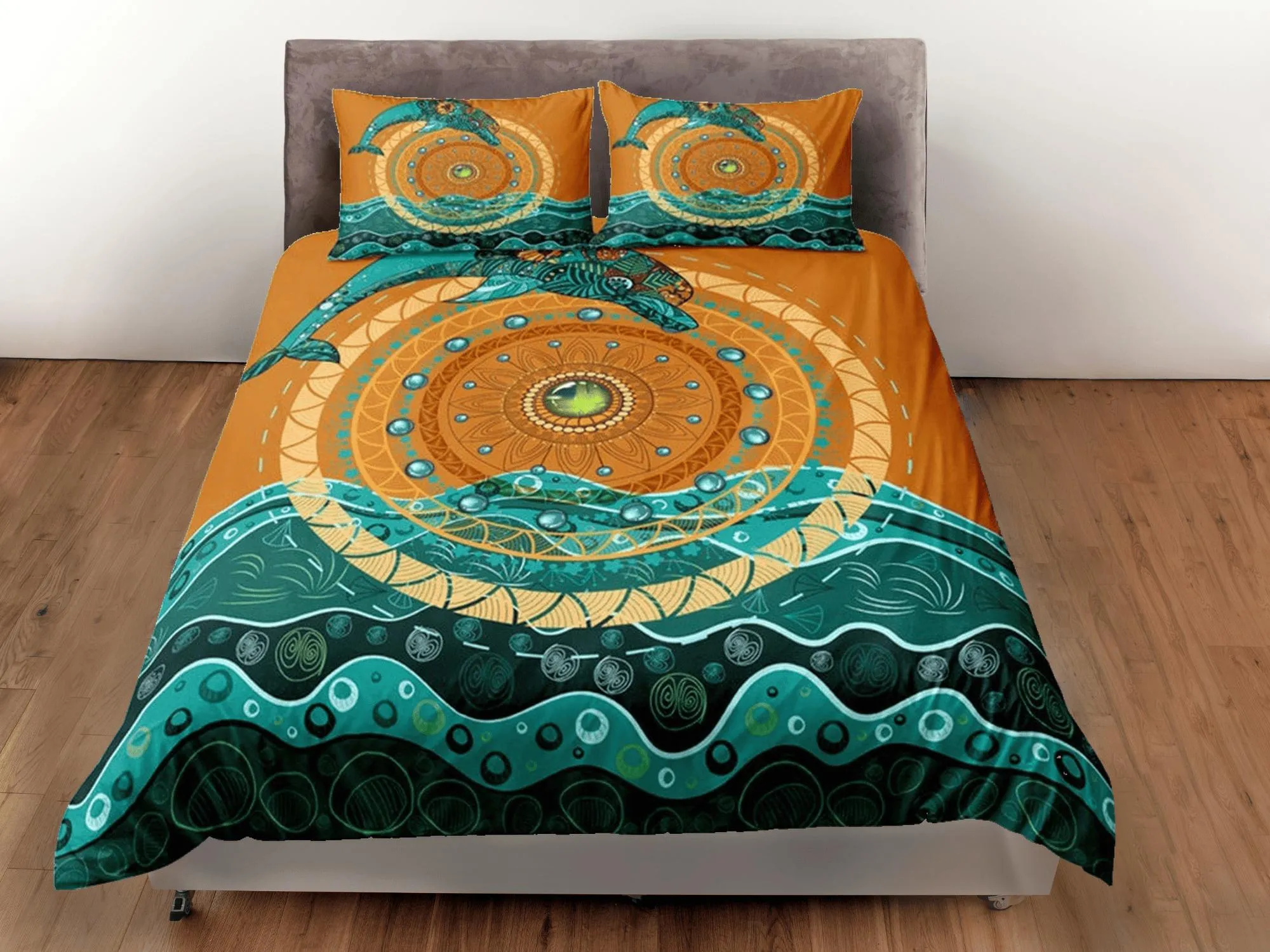 Ethnic dolphin bedding tribal design green orange duvet cover, ocean blush decor sea animal bedding set full king queen twin, dorm bedding