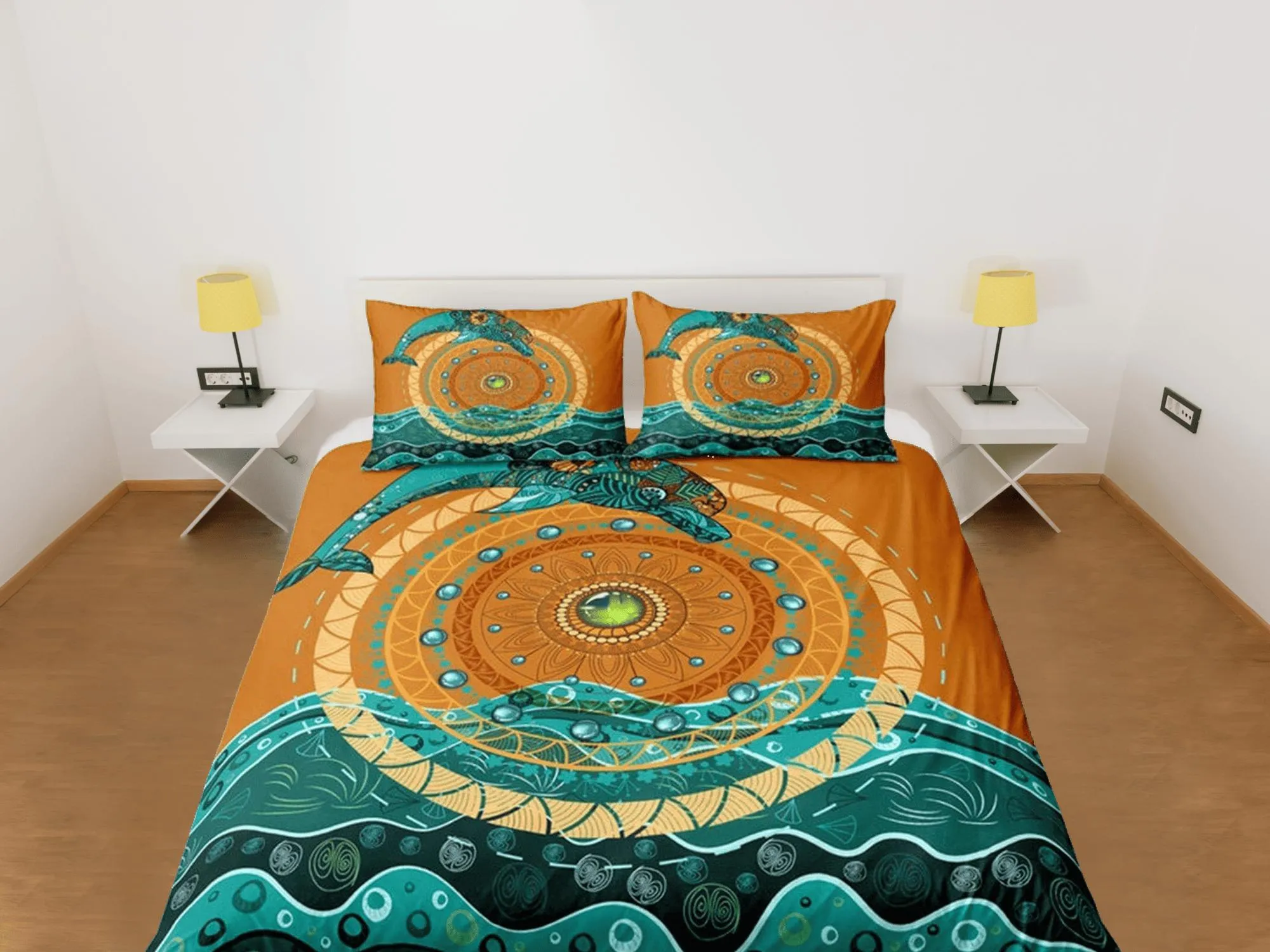 Ethnic dolphin bedding tribal design green orange duvet cover, ocean blush decor sea animal bedding set full king queen twin, dorm bedding