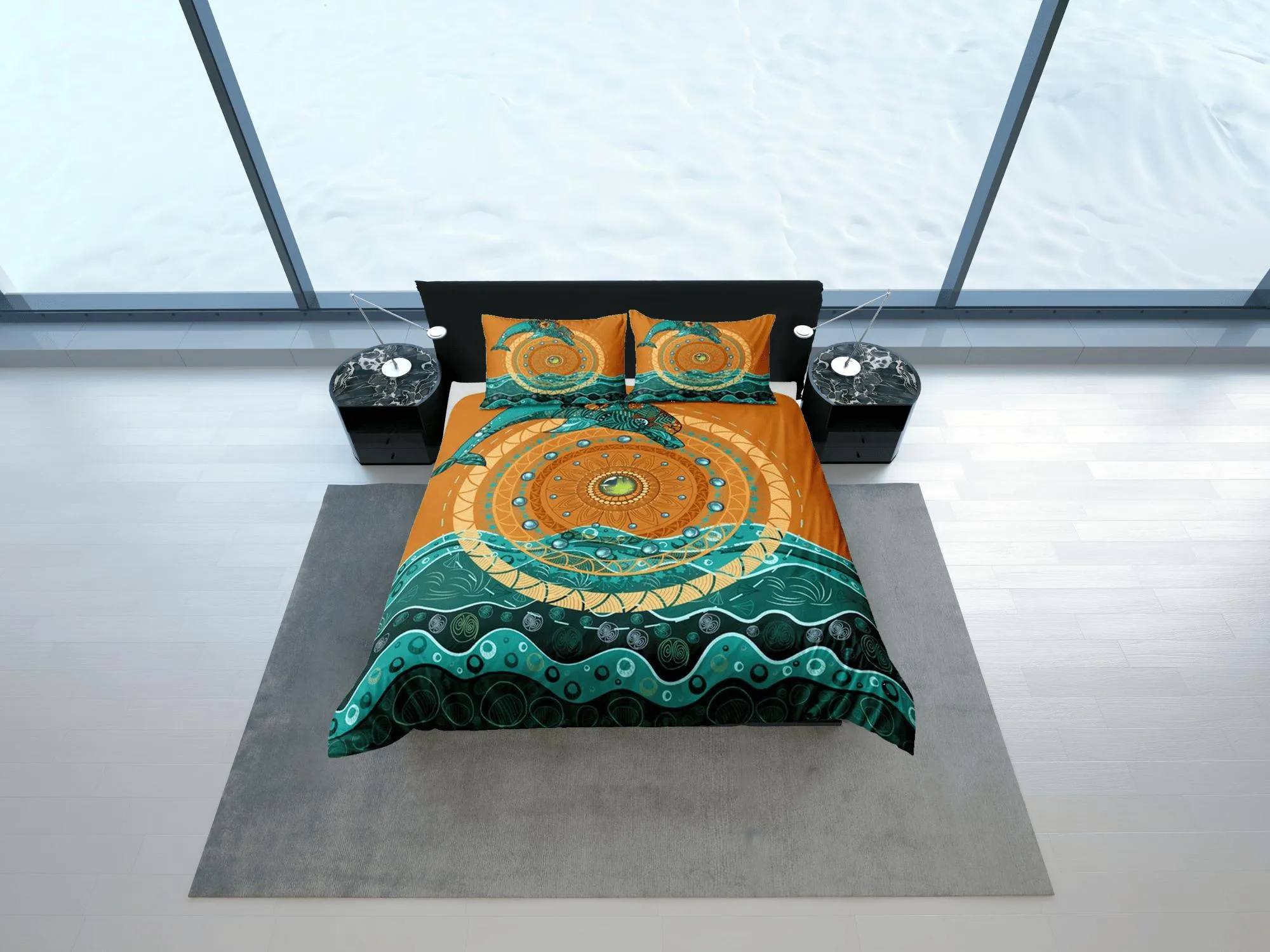 Ethnic dolphin bedding tribal design green orange duvet cover, ocean blush decor sea animal bedding set full king queen twin, dorm bedding