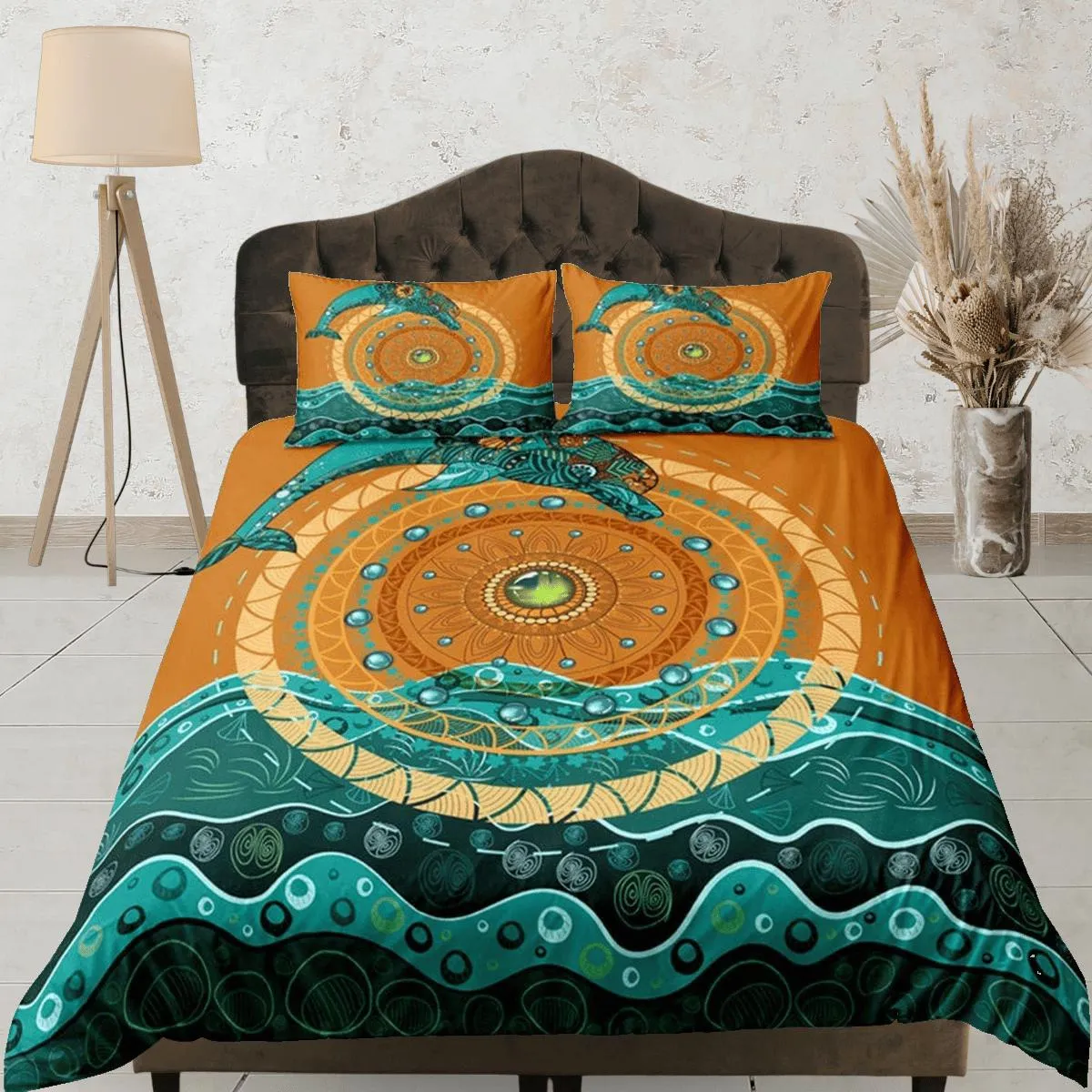 Ethnic dolphin bedding tribal design green orange duvet cover, ocean blush decor sea animal bedding set full king queen twin, dorm bedding