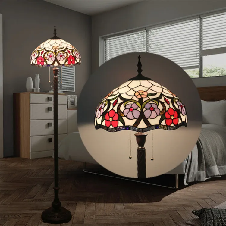 European Tiffany Flower Stained Glass Dome 2- Light Standing Floor Lamp