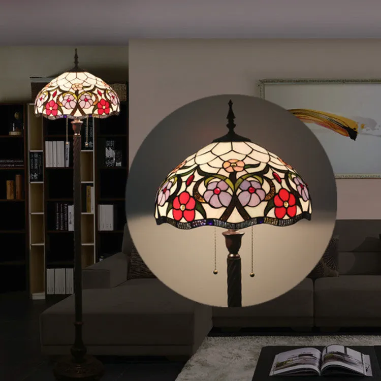 European Tiffany Flower Stained Glass Dome 2- Light Standing Floor Lamp