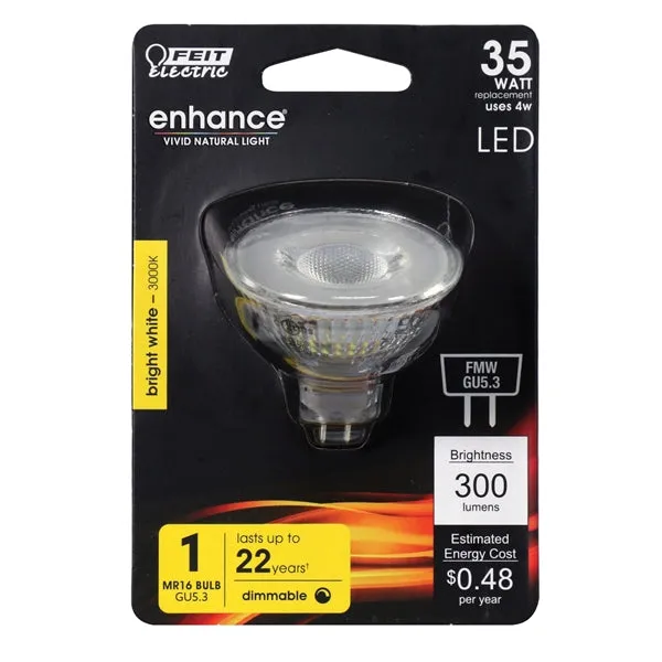 Feit Electric BPFMW/930CA LED Bulb, Track/Recessed, MR16 Lamp, 35 W Equivalent, GU5.3 Lamp Base, Dimmable, Clear