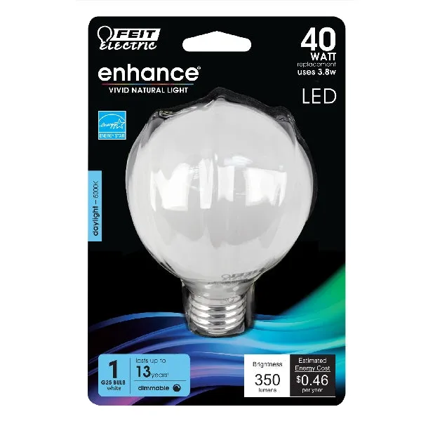 Feit Electric BPG2540W/950CA/FIL LED Bulb, Globe, G25 Lamp, 40 W Equivalent, E26 Lamp Base, Dimmable, Daylight Light