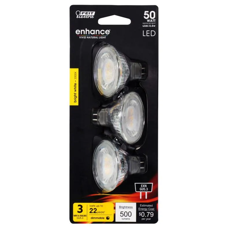 Feit Enhance MR16 GU5.3 LED Bulb Bright White 50 Watt Equivalence 3 pk