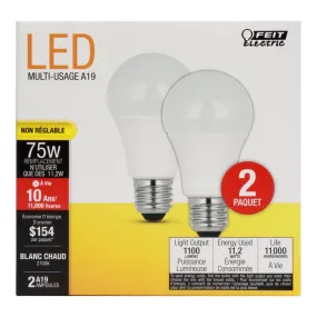 Feit LED A19 E26 (Medium) LED Bulb Soft White 75 Watt Equivalence 2 pk