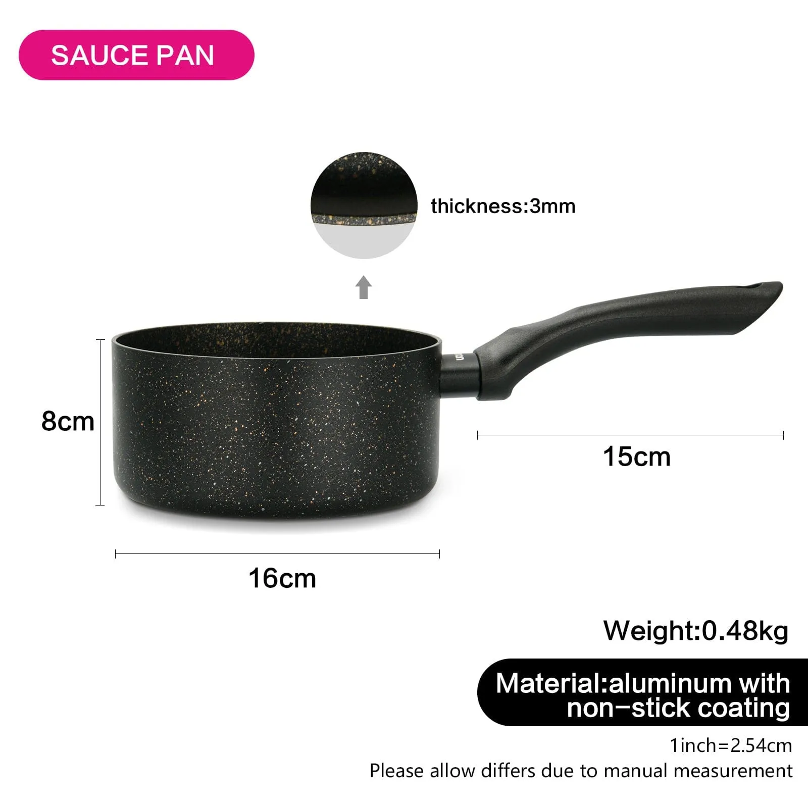 Fissman Saucepan Marble Designed Aluminium Non Stick  With Bakelite Handle Black 16x8cm/1.5Liters