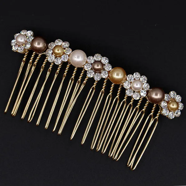 Gold Finish Pearl & Rhinestone Floral Decorative Comb