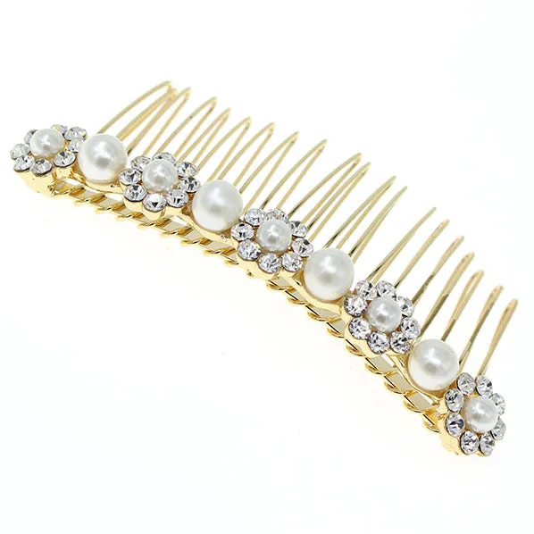 Gold Finish Pearl & Rhinestone Floral Decorative Comb