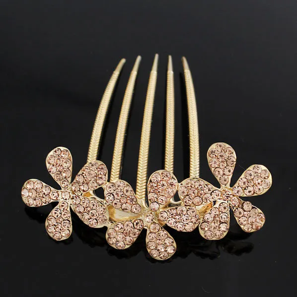 Gold Finish Rhinestone 3 Flowers French Twist Up-do Comb