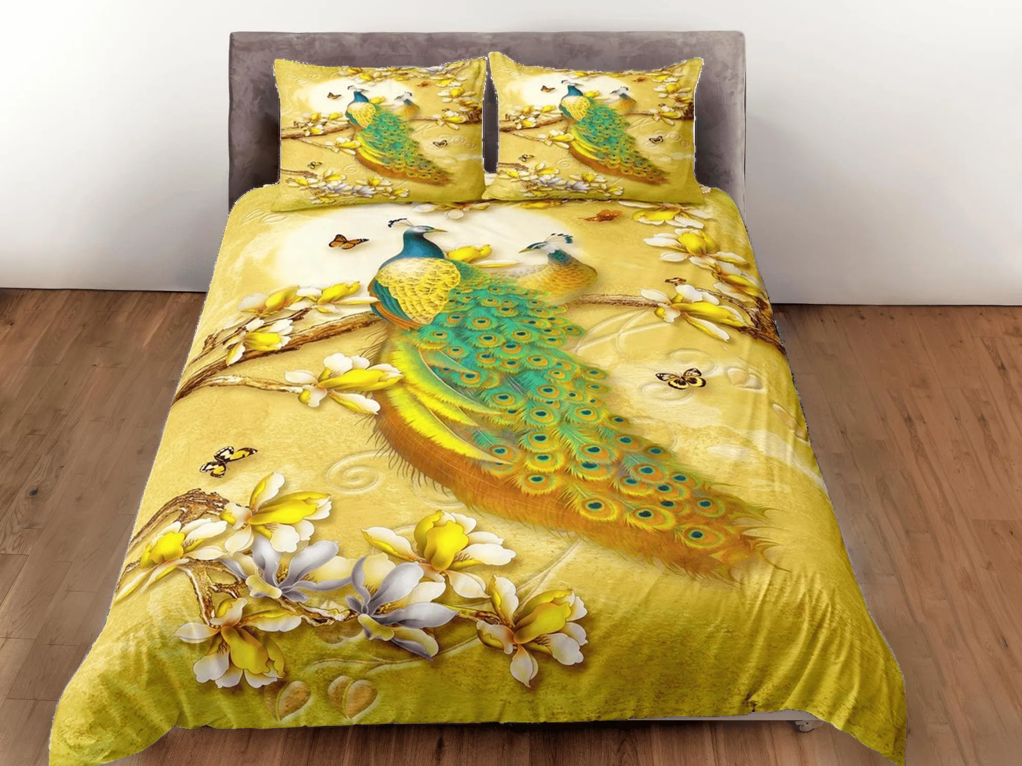 Golden bedding with peacock decor aesthetic duvet cover set full, luxury bedding set queen, king, boho duvet, designer bedding, maximalist