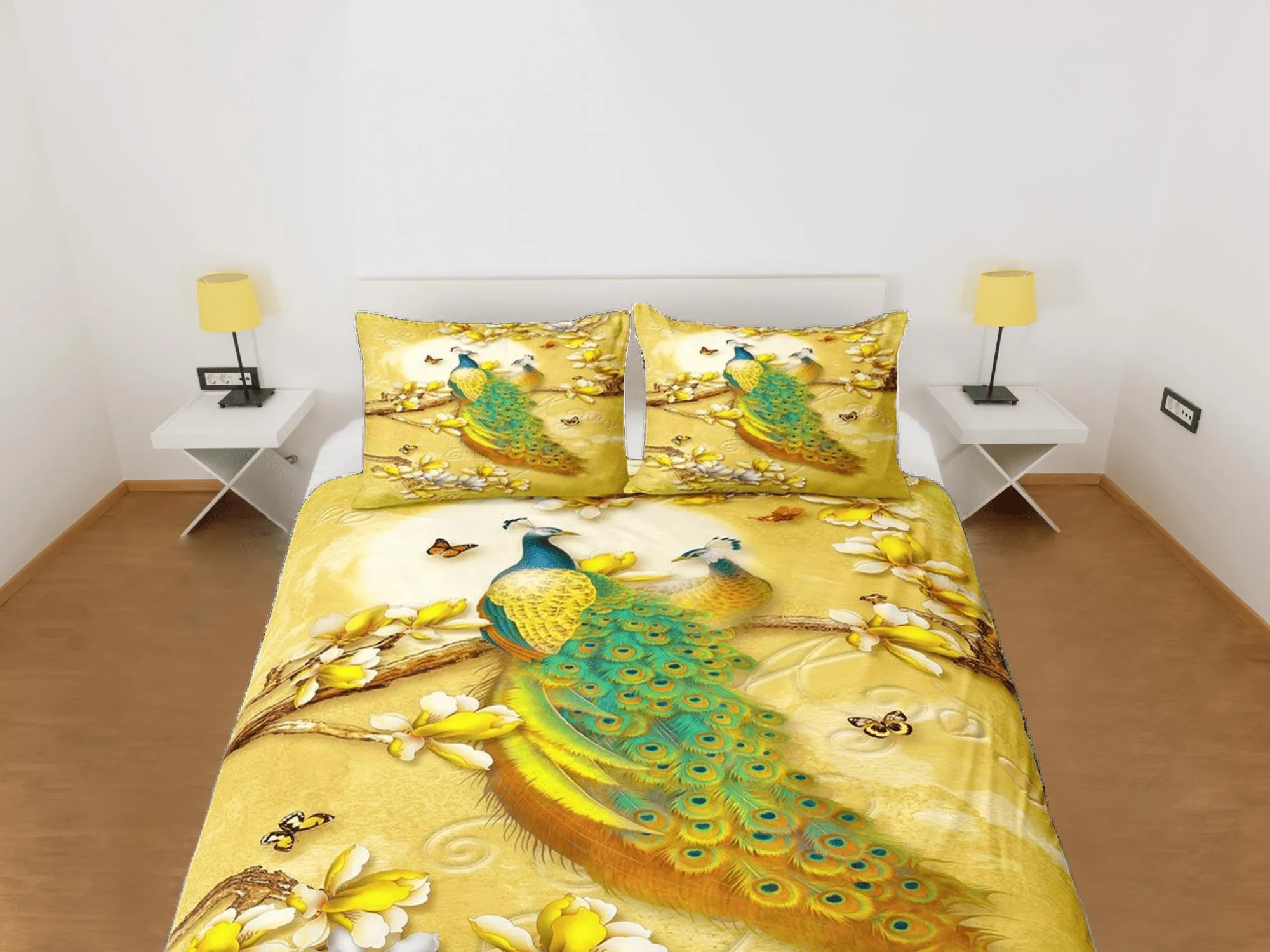 Golden bedding with peacock decor aesthetic duvet cover set full, luxury bedding set queen, king, boho duvet, designer bedding, maximalist