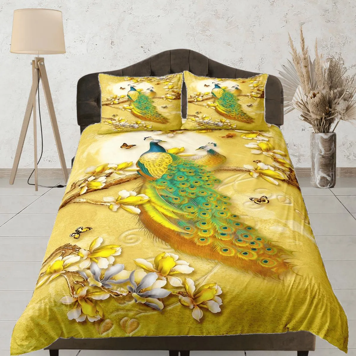 Golden bedding with peacock decor aesthetic duvet cover set full, luxury bedding set queen, king, boho duvet, designer bedding, maximalist