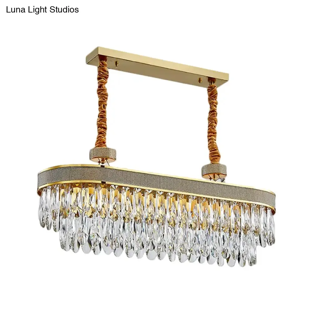 Golden LED Island Chandelier with Modern Oval Clear Crystal Drops - Stylish Ceiling Light