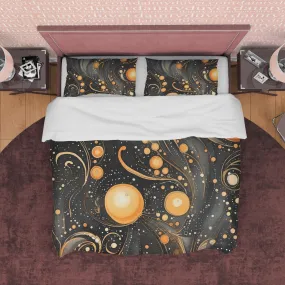 Goth Mystical Black Duvet Cover Set Orange Orbs, Aesthetic Bedding Quilt Cover Pillowcase, Halloween Room Decor, Black and Orange Bedspread