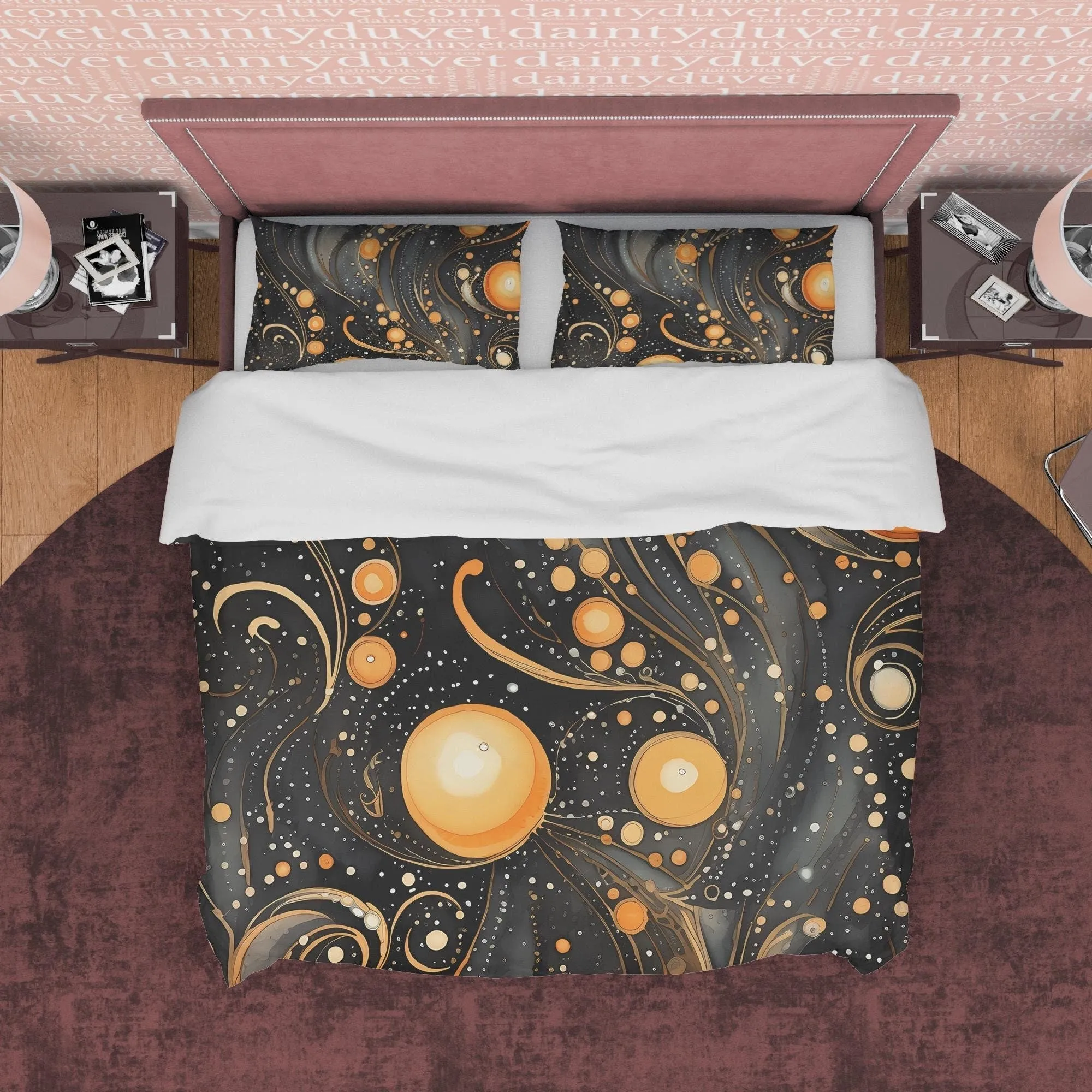 Goth Mystical Black Duvet Cover Set Orange Orbs, Aesthetic Bedding Quilt Cover Pillowcase, Halloween Room Decor, Black and Orange Bedspread