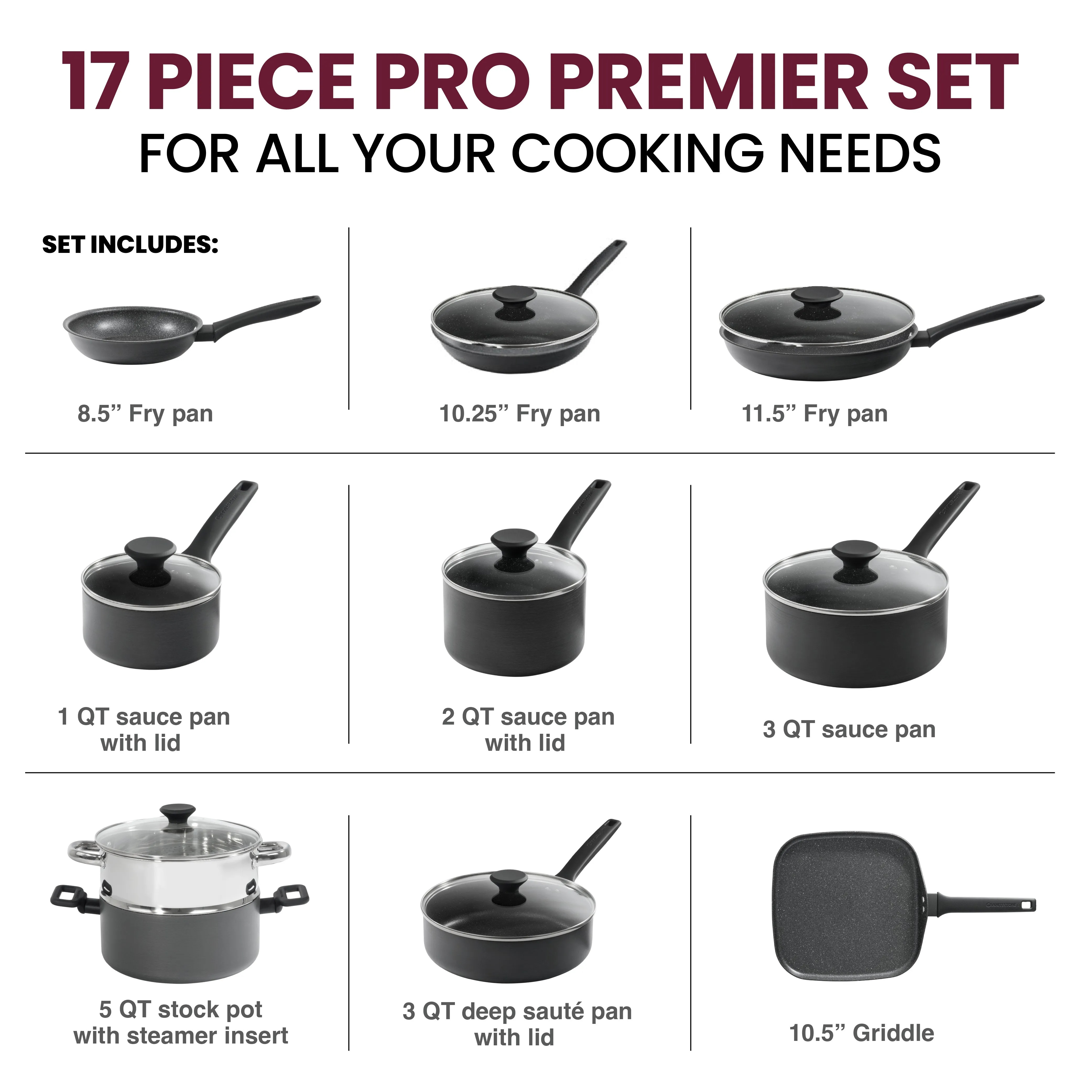 Granitestone 17-Piece Pro Premier Hard Anodized Stovetop Set with Easy Grip Handles