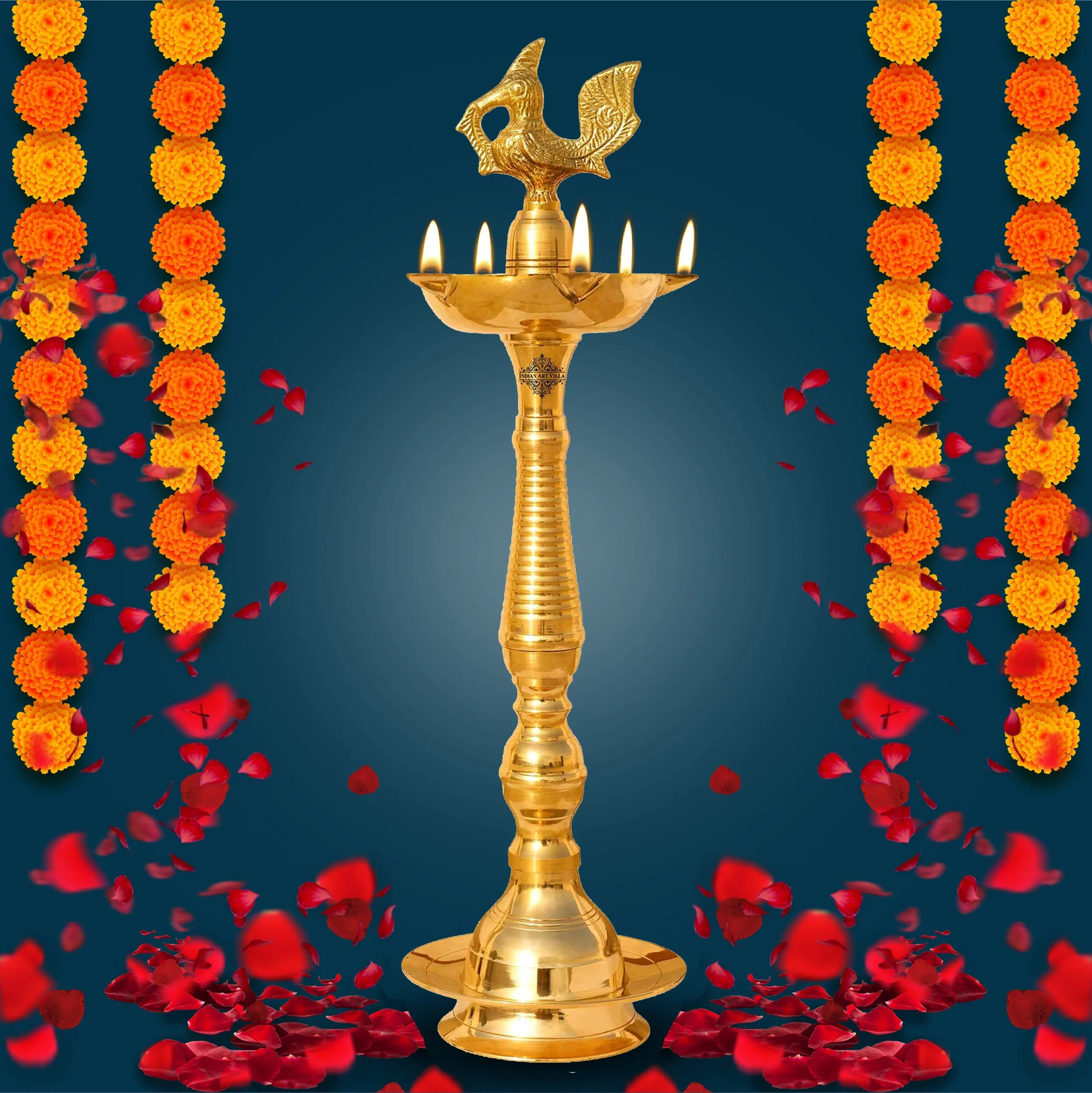 Indian Art Villa Pure Brass Stand/Pillar Diya/Deepak/Lamp/Lantern With Bird Design, Pooja, Home Decor & Diwali Gift Item