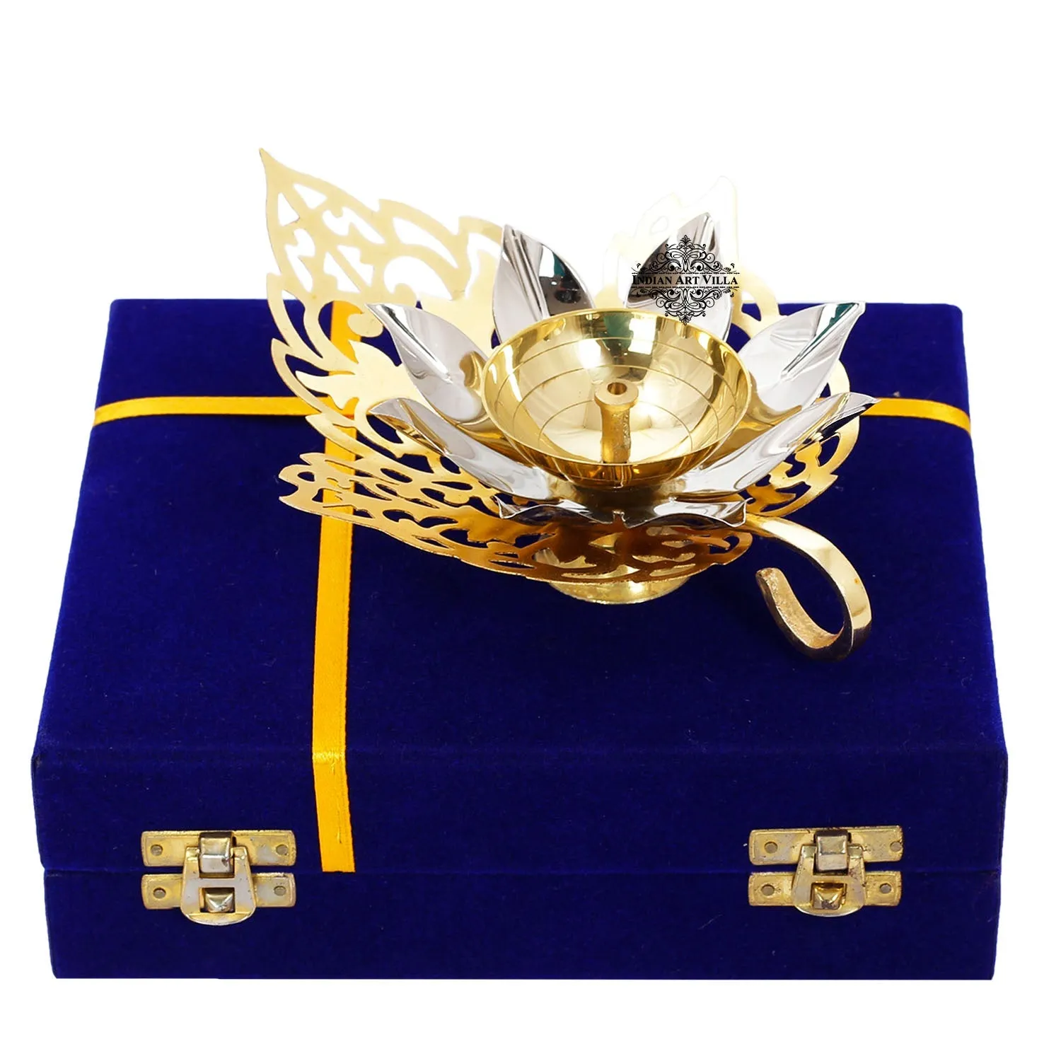 IndianArtVilla Pure Silver & Gold Plated Curved Leaf Design Akhand Diya With Red Box