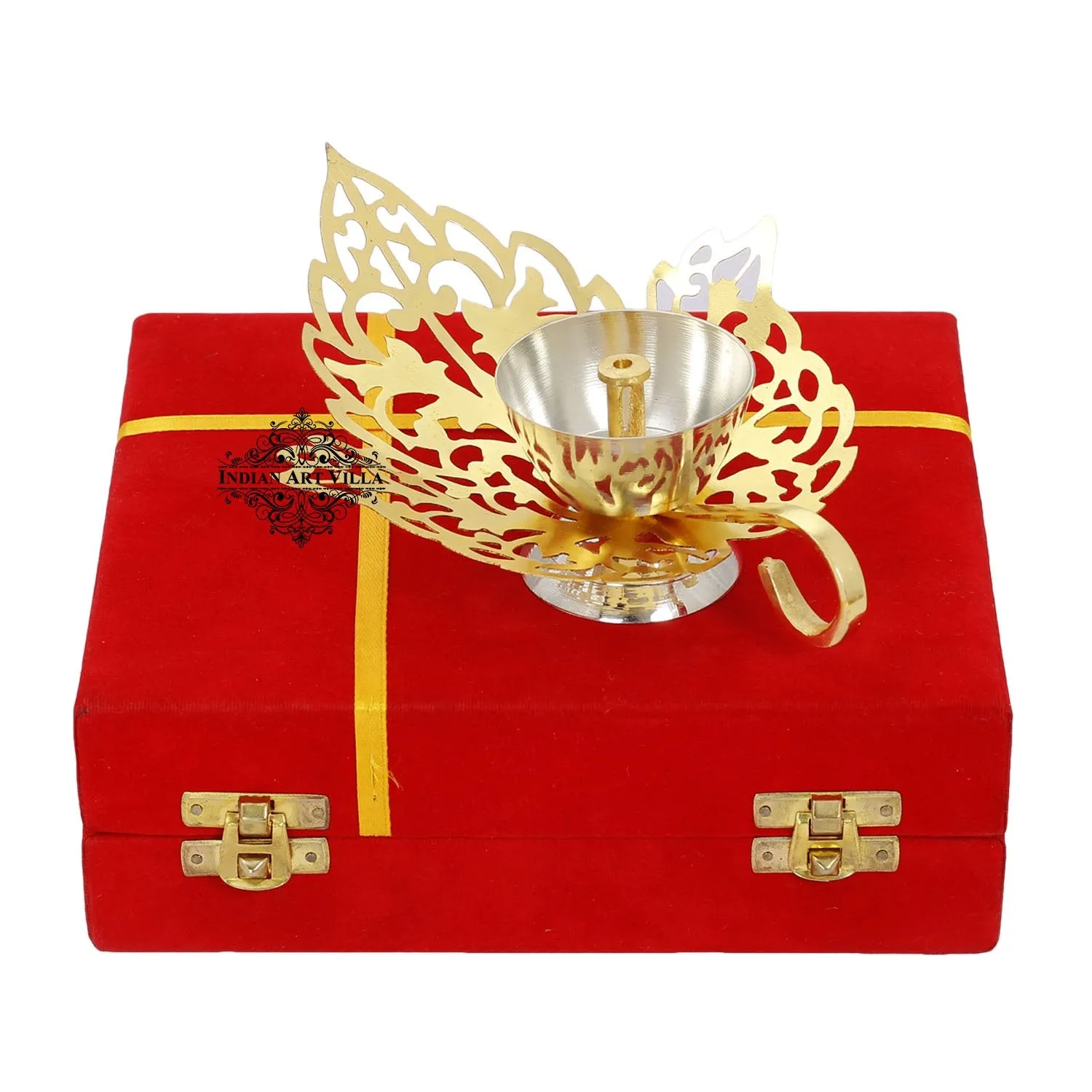 IndianArtVilla Pure Silver & Gold Plated Curved Leaf Design Akhand Diya With Red Box