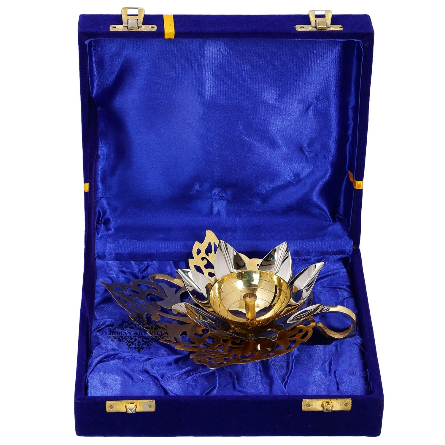 IndianArtVilla Pure Silver & Gold Plated Curved Leaf Design Akhand Diya With Red Box