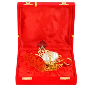 IndianArtVilla Pure Silver & Gold Plated Curved Leaf Design Akhand Diya With Red Box