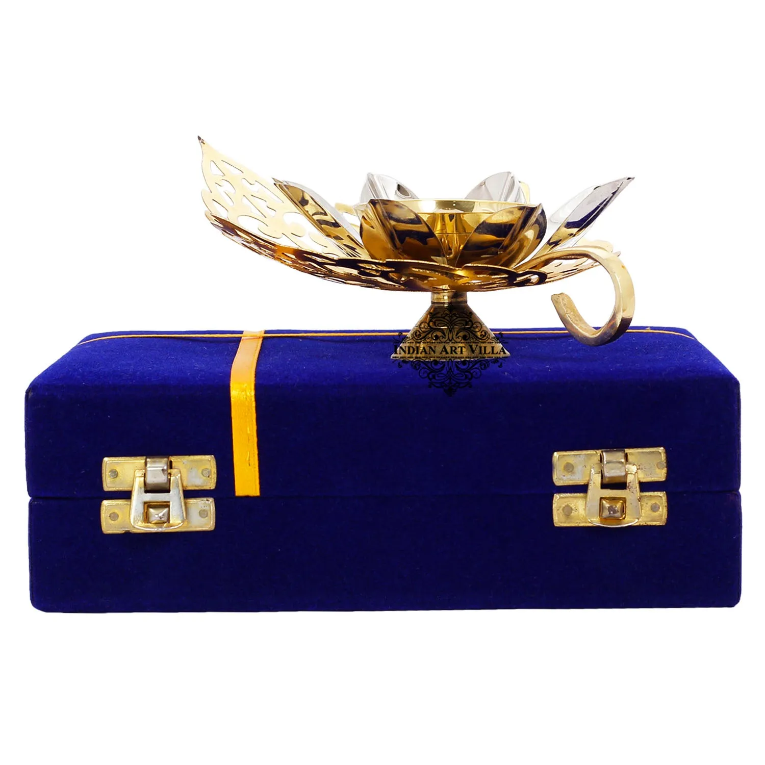 IndianArtVilla Silver & Gold Plated Curved Leaf Design Akhand Diya With Blue Box