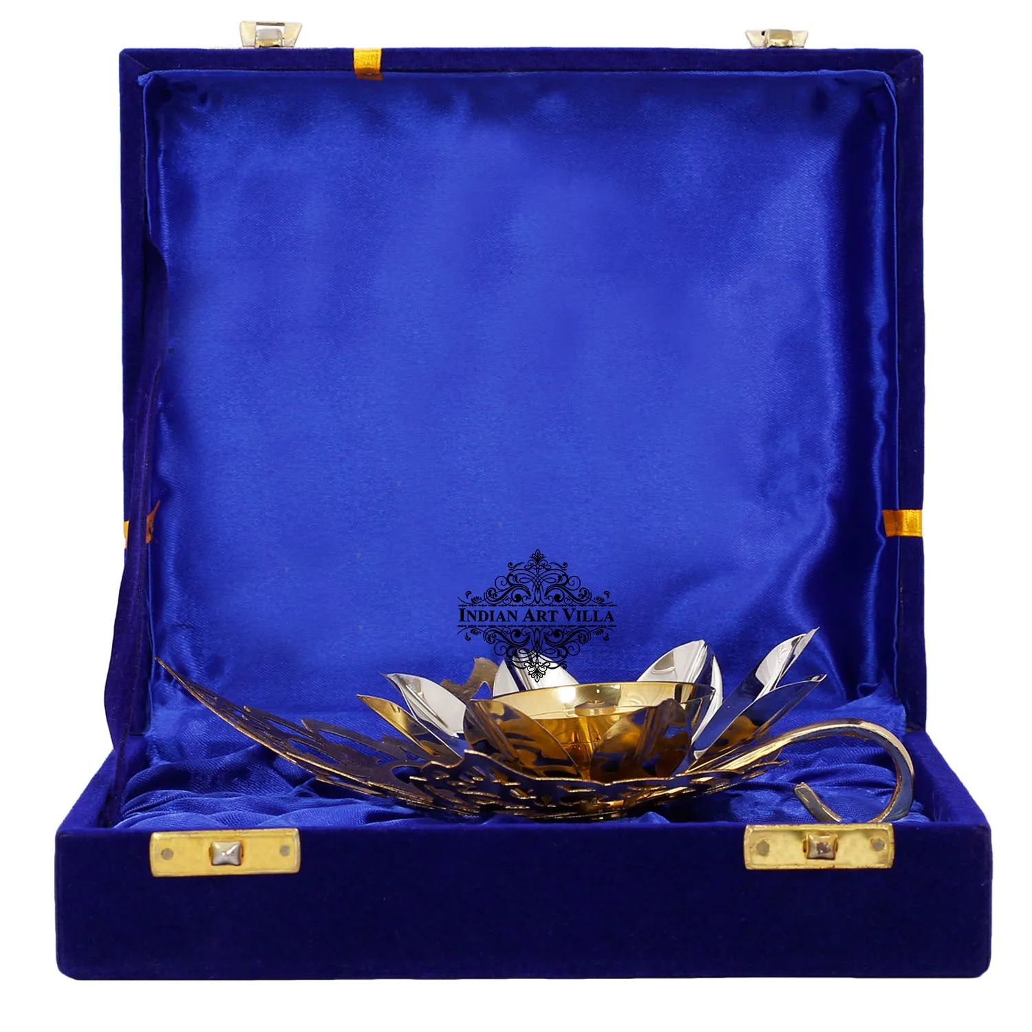 IndianArtVilla Silver & Gold Plated Curved Leaf Design Akhand Diya With Blue Box