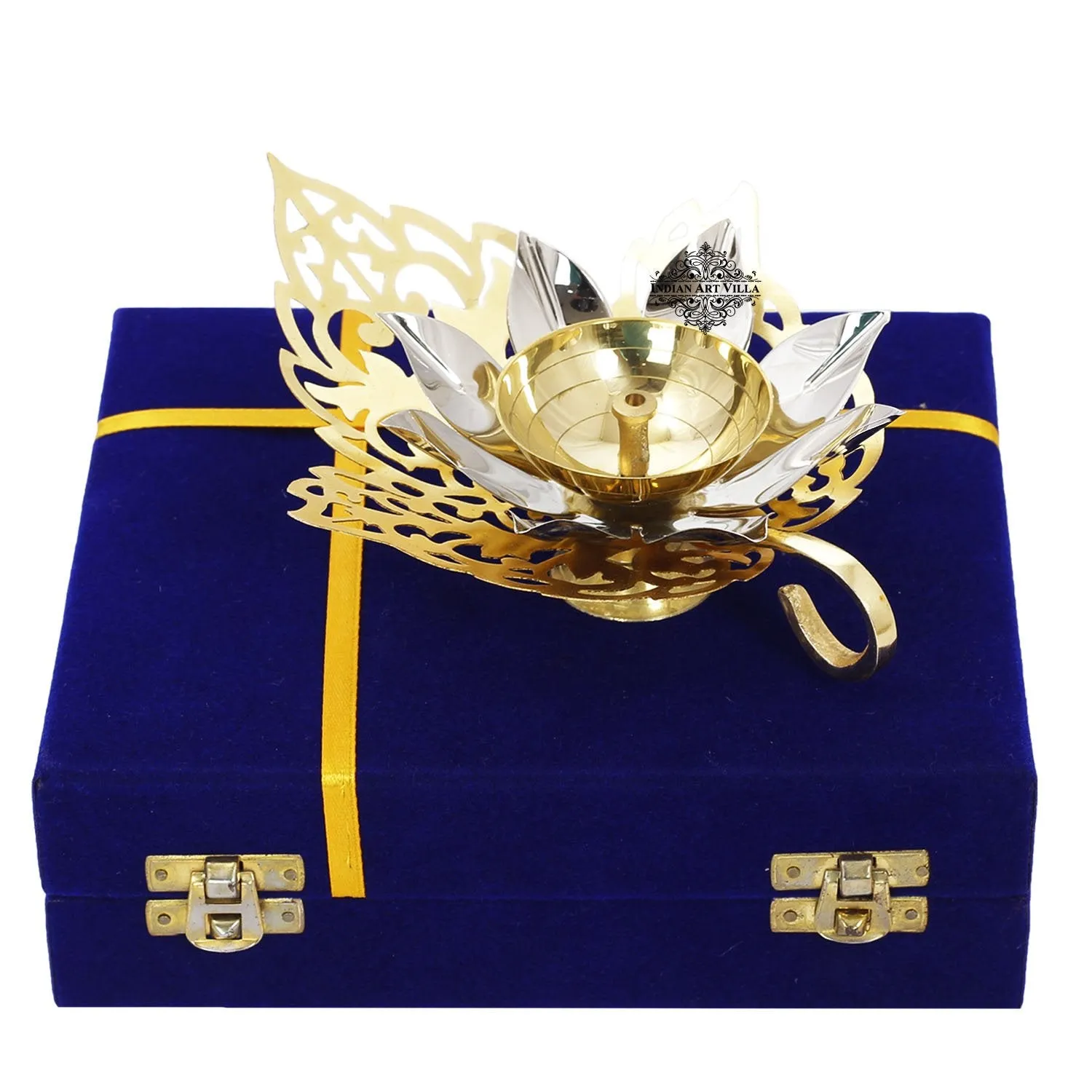 IndianArtVilla Silver & Gold Plated Curved Leaf Design Akhand Diya With Blue Box