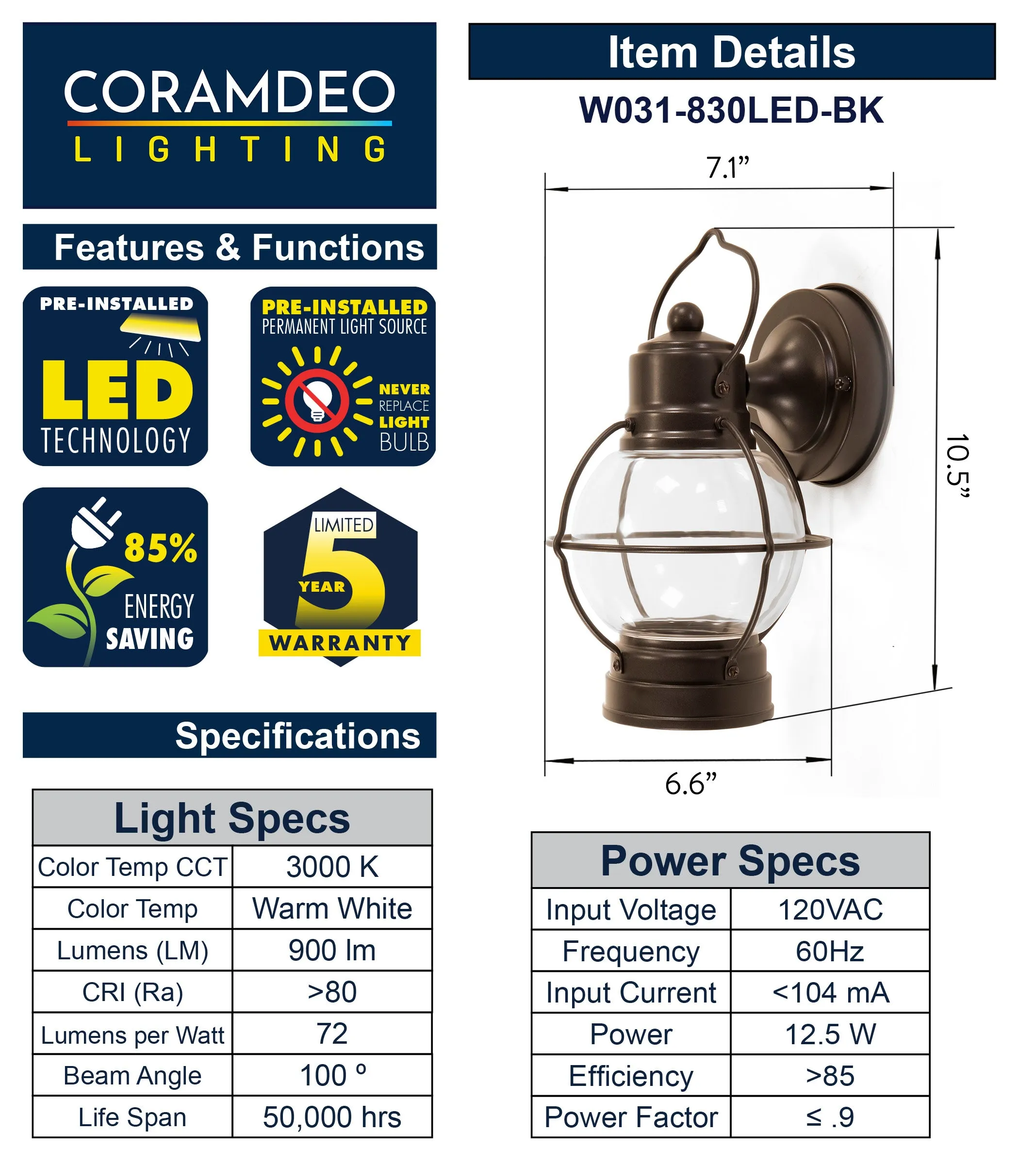 Integrated LED Farmhouse Lantern, 900 Lumens, 3KWet Location, Bronze Finish with Clear Glass Lens