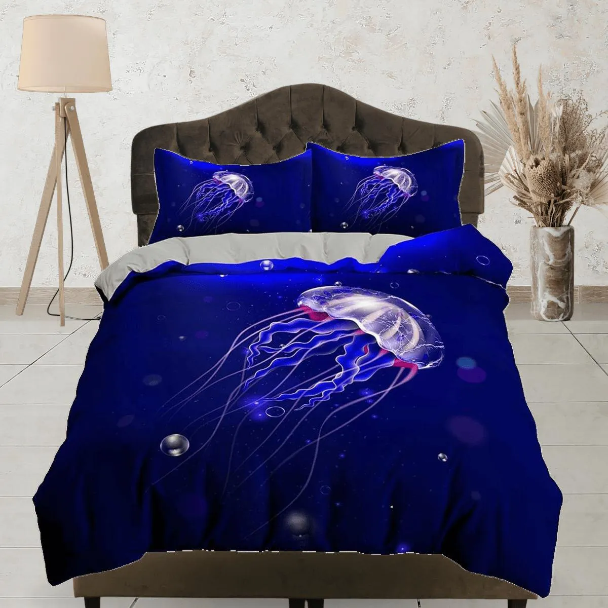 Jellyfish bedding indigo duvet cover, ocean blush sea animal bedding set full king queen twin crib toddler, college dorm bedding gift