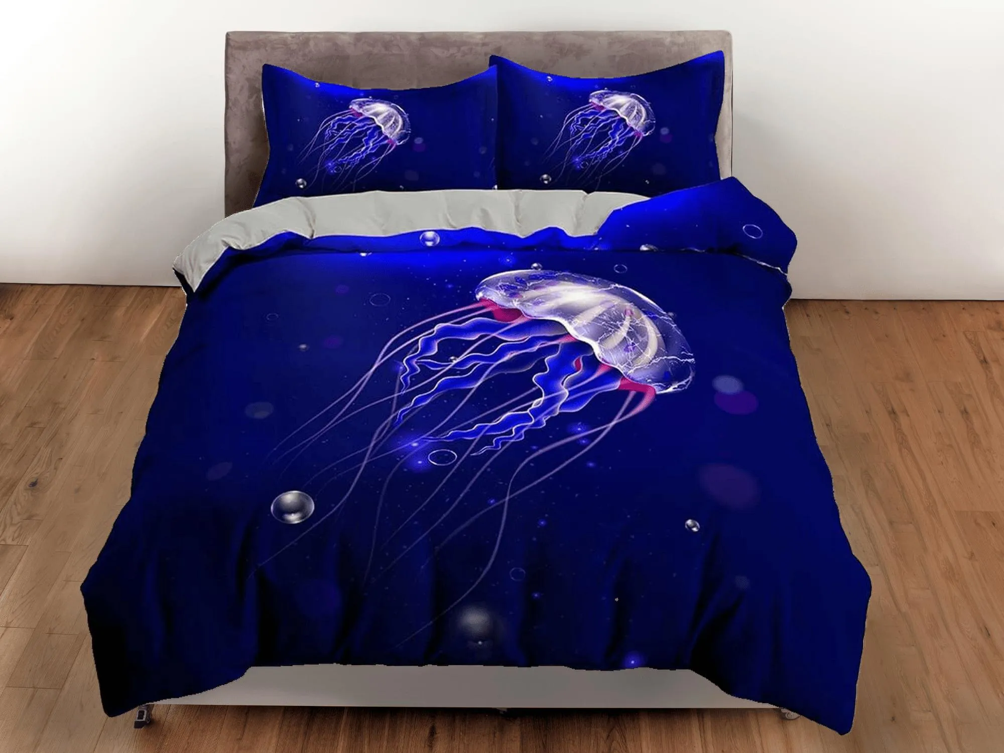 Jellyfish bedding indigo duvet cover, ocean blush sea animal bedding set full king queen twin crib toddler, college dorm bedding gift