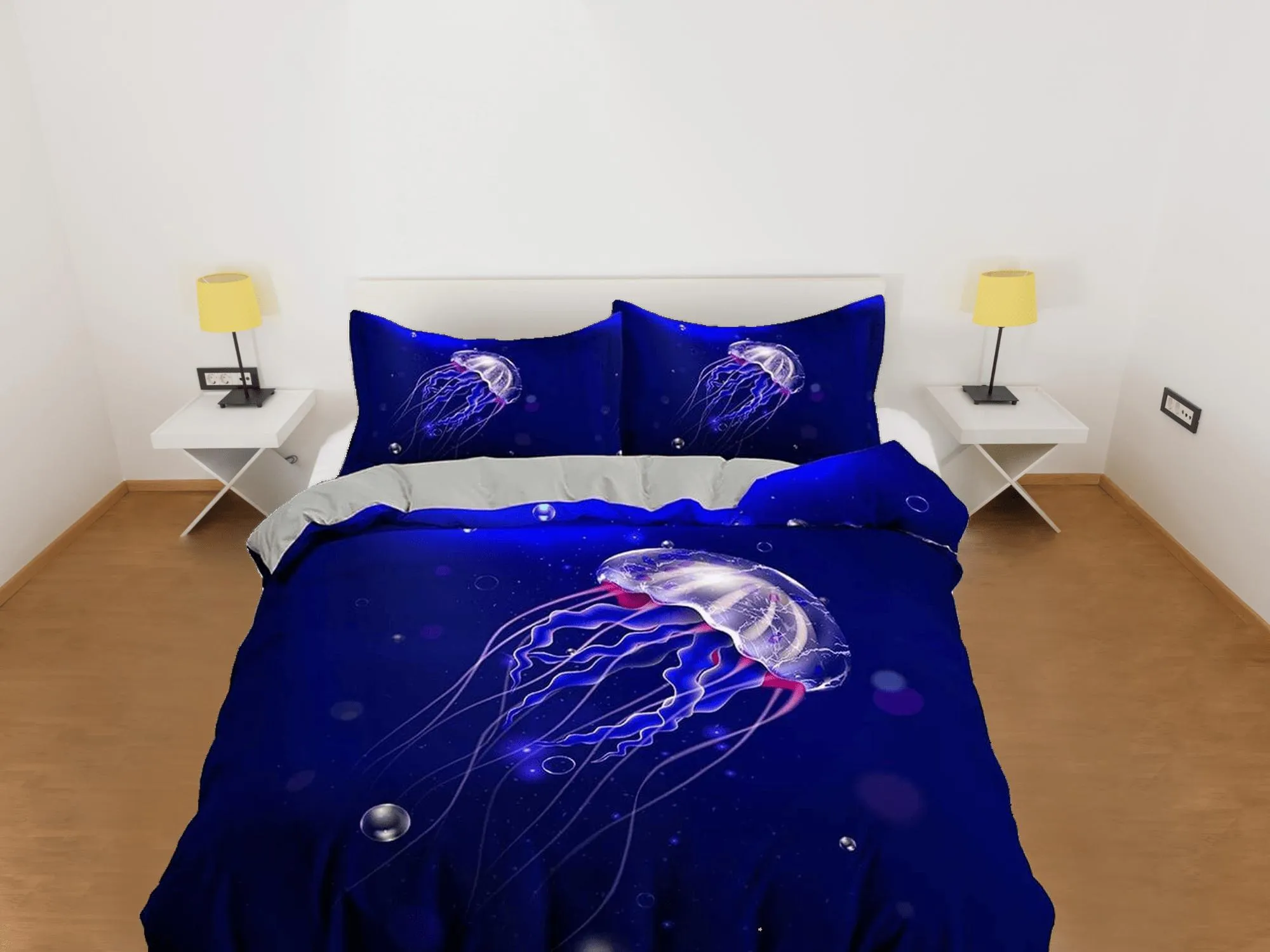 Jellyfish bedding indigo duvet cover, ocean blush sea animal bedding set full king queen twin crib toddler, college dorm bedding gift