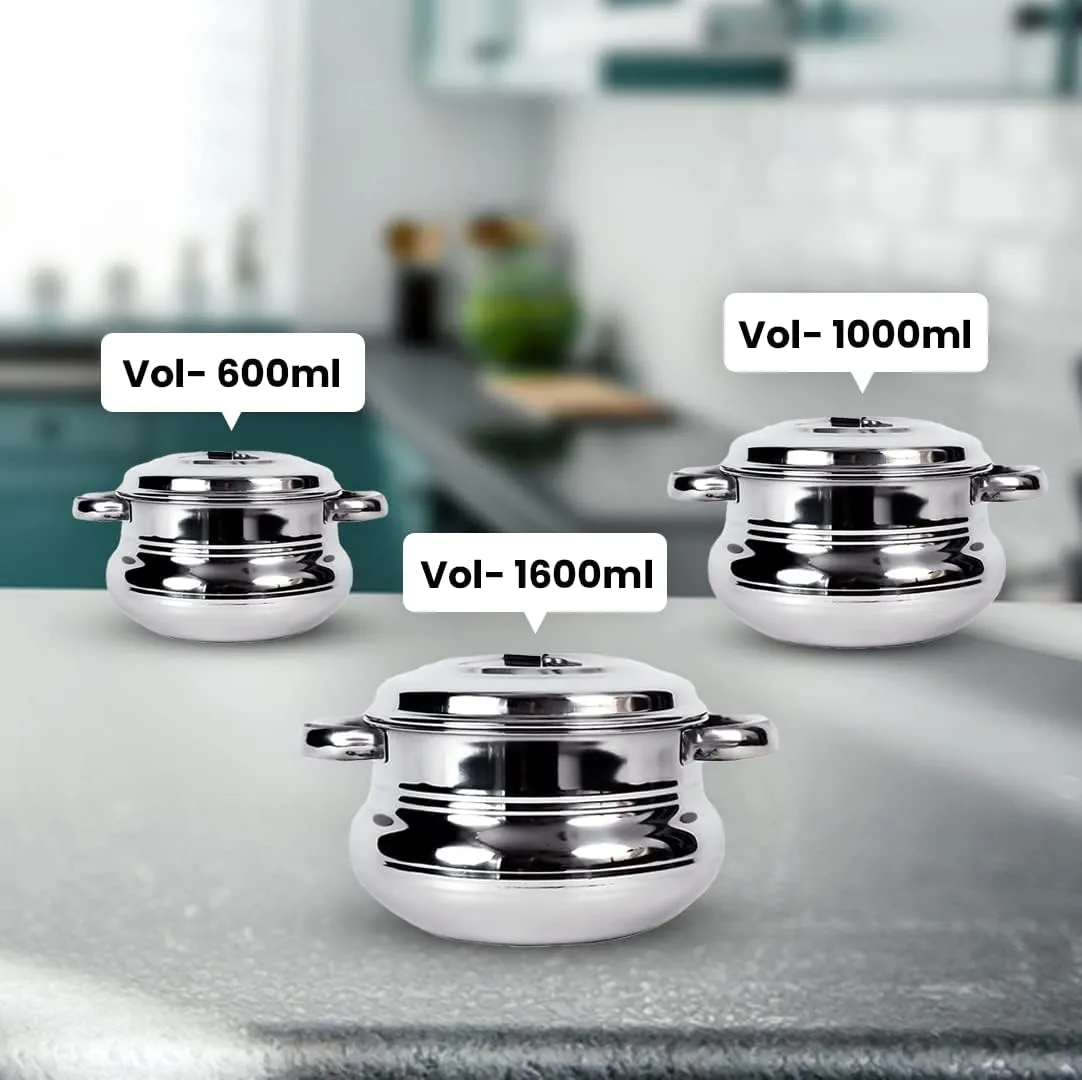 Kuber Industries Stainless Steel Handi Casserole Set of 3 with Lid|Cook and Serve|600 ml, 1 Litre, 1.6 Litre Capacity|Biryani Handi, Saucepan, Silver|Patila/Tope for Kitchen Combo of 3 (Pack Of 5)