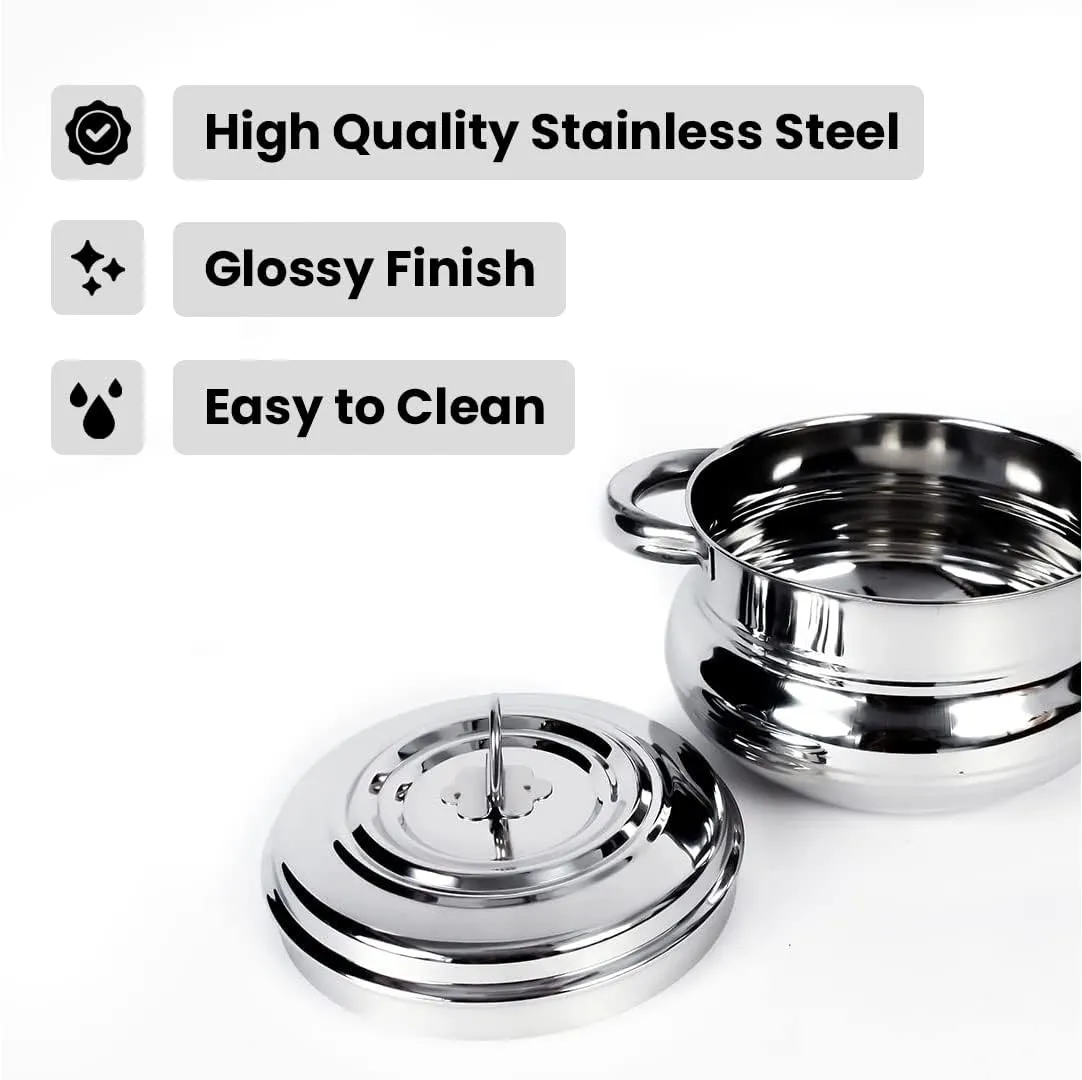 Kuber Industries Stainless Steel Handi Casserole Set of 3 with Lid|Cook and Serve|600 ml, 1 Litre, 1.6 Litre Capacity|Biryani Handi, Saucepan, Silver|Patila/Tope for Kitchen Combo of 3 (Pack Of 5)