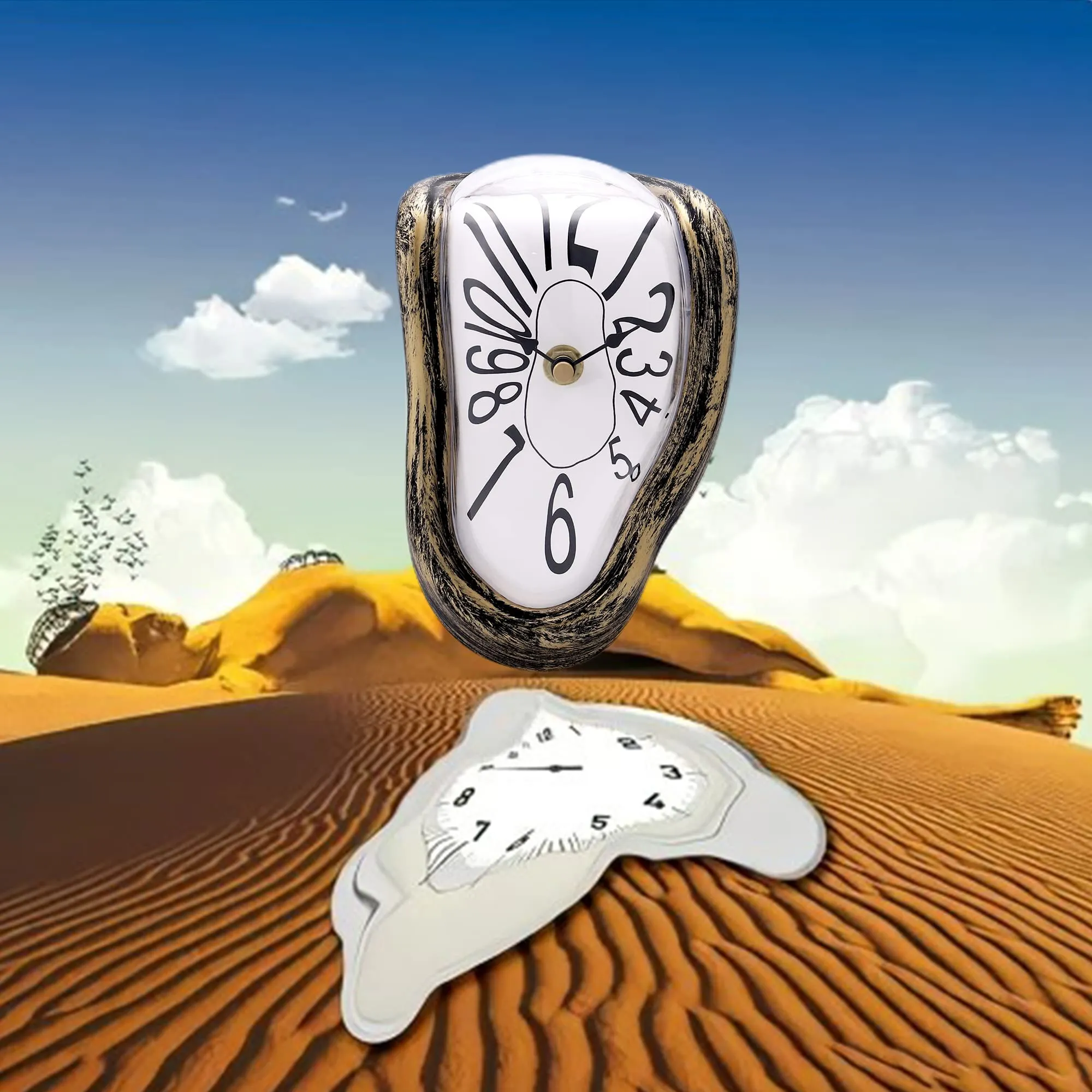 Lafocuse Silent Melting Clock Antique Gold, Salvador Dali Watch Melted Clock, Surrealism Dripping Clock, Funny Creative Gift Shelf Clock for Home Kitchen Office Desk Table