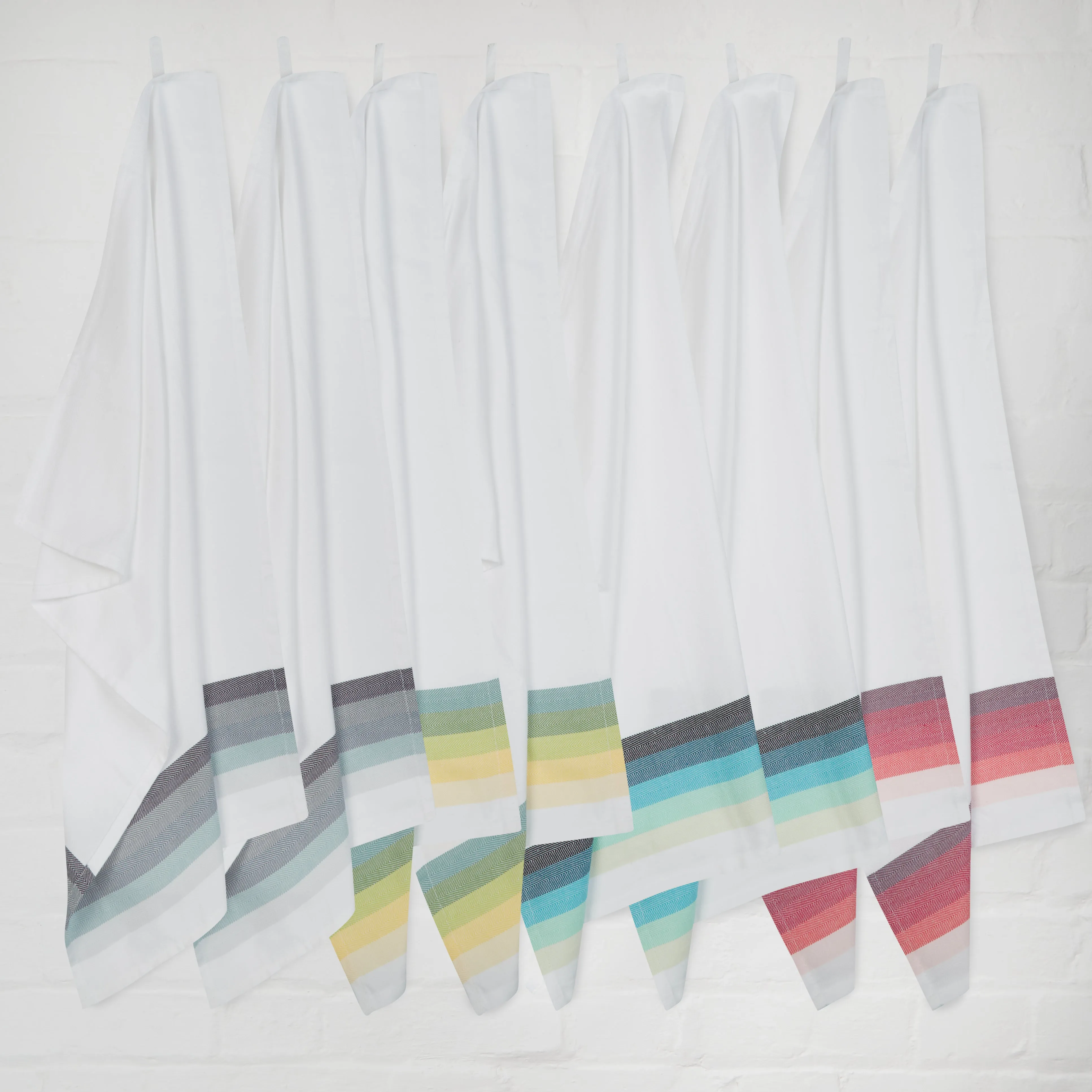 Large Set of 8 Multi-Coloured Herringbone Cotton Tea Towels in Mixed Colours