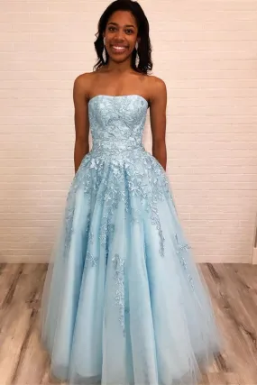 Light Blue Strapless Long Prom Dress with Lace Appliques, New Style Graduation Dress UQ1693