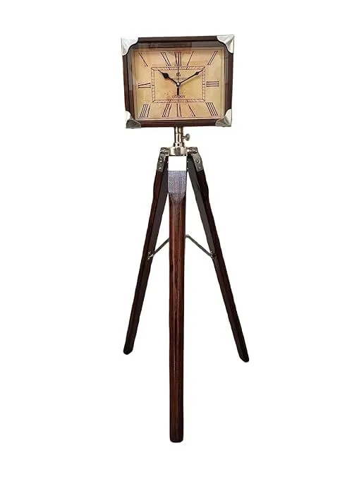 Light It Up Wood Antique Floor Standing Roman Number Clock Clock with Tripod Stand Corner Brown Finish Home Decorative Table with Clock for HomeLiving Room