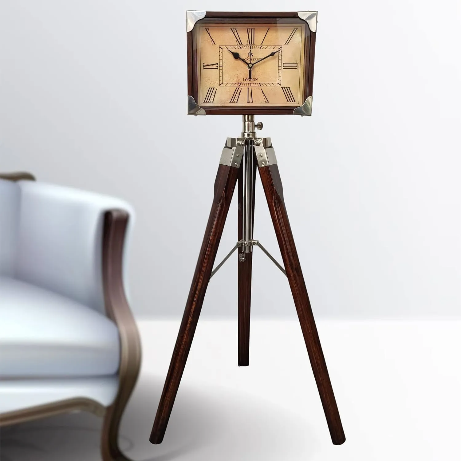 Light It Up Wood Antique Floor Standing Roman Number Clock Clock with Tripod Stand Corner Brown Finish Home Decorative Table with Clock for HomeLiving Room