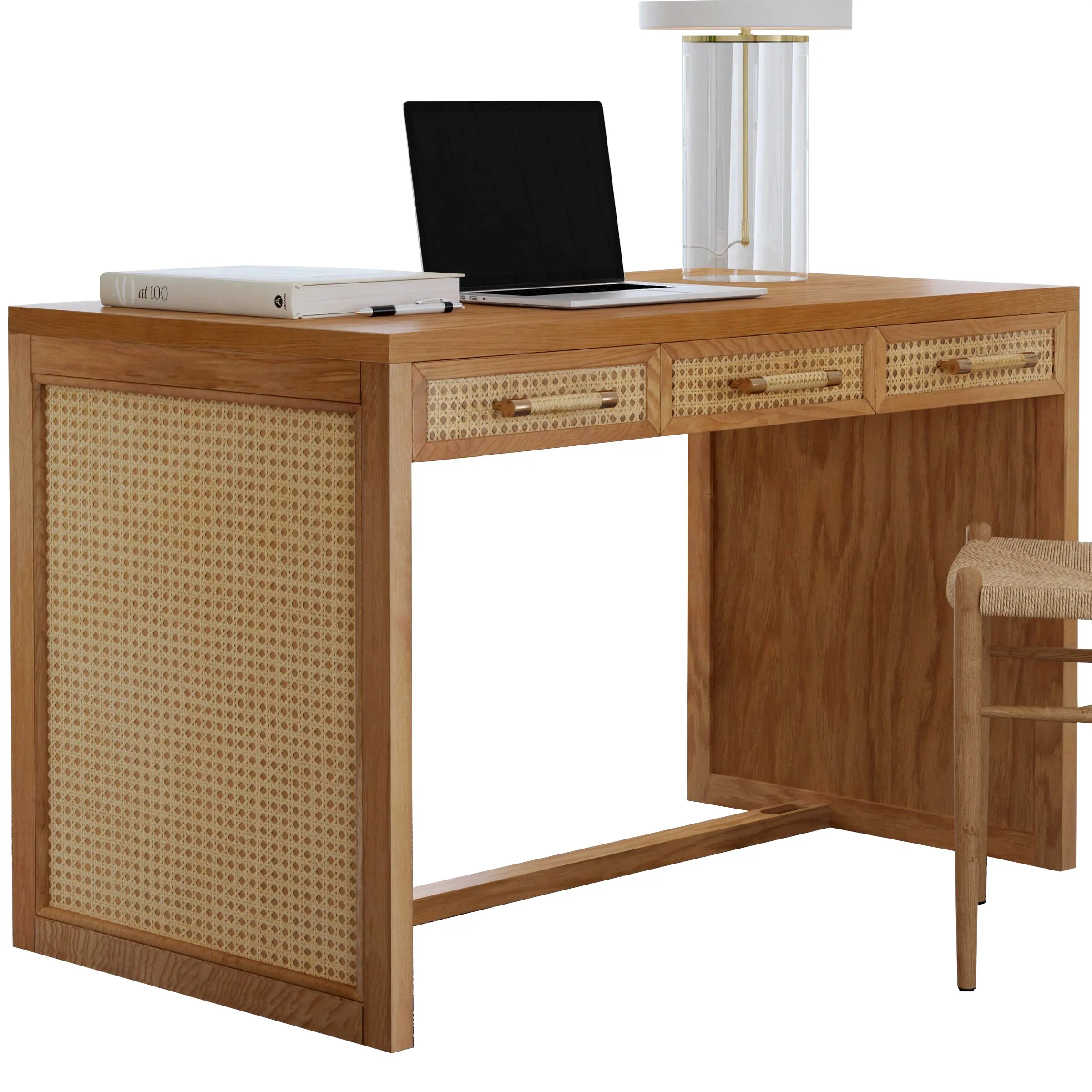 Light Natural Oak Wood & Cane Desk