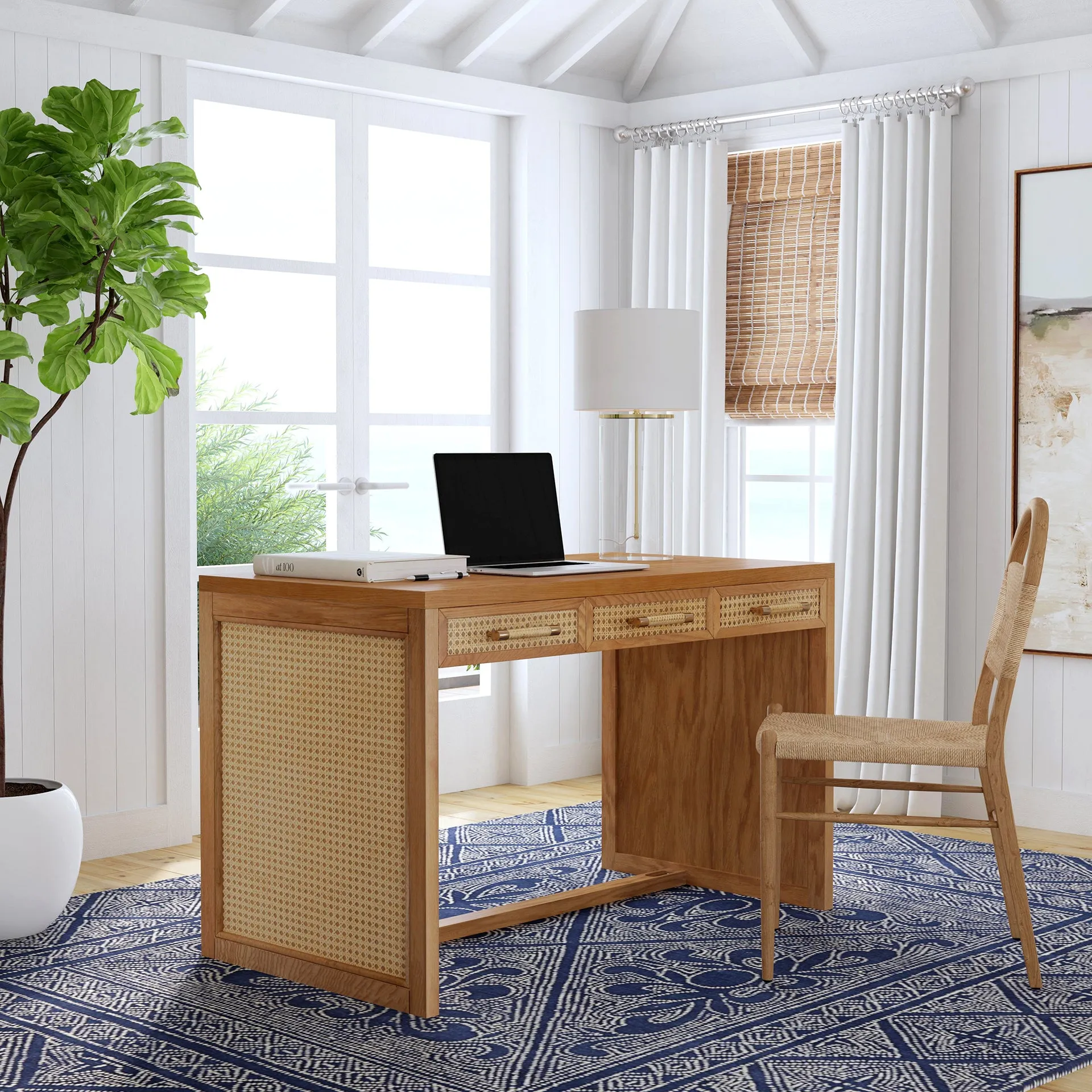 Light Natural Oak Wood & Cane Desk