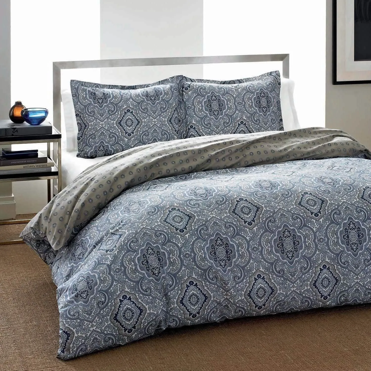 Luxury Blue Grey Damask King Size Bedding Ensemble with Matching Shams