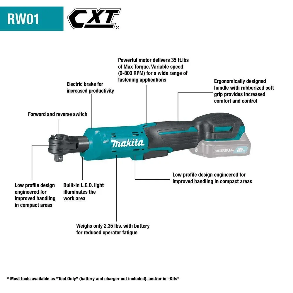 Makita RW01R1 12V max CXT® Lithium-Ion Cordless 3/8" / 1/4" Sq. Drive Ratchet Kit (2.0Ah)