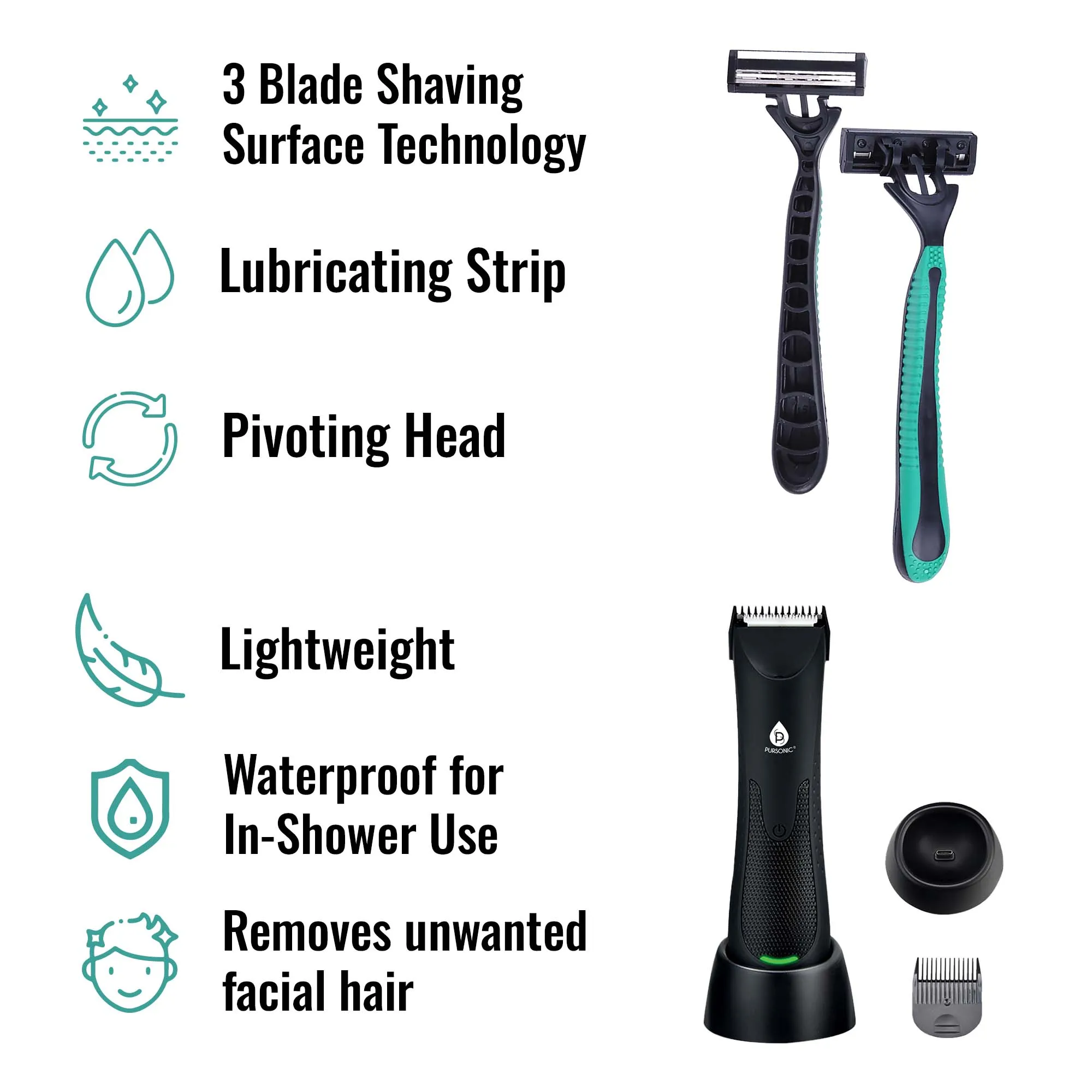 Mario Lopez Wireless Body Hair Trimmer & Shaver and Mario Lopez Disposable Razors - 3 Blade Shaving Surface Technology