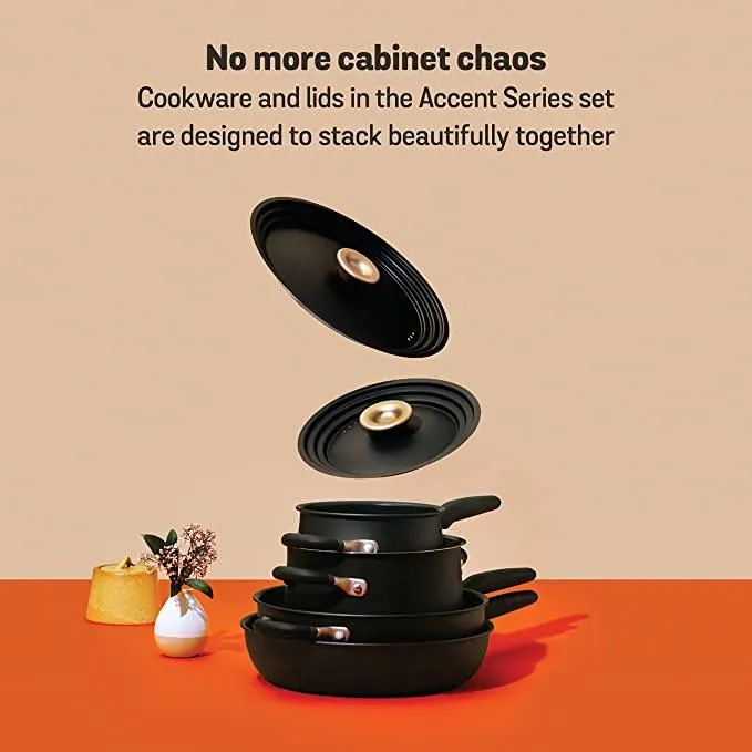 Meyer Accent Stackable 6 Piece Non Stick Pan Set, Universal Lids & Anti Spill Shape