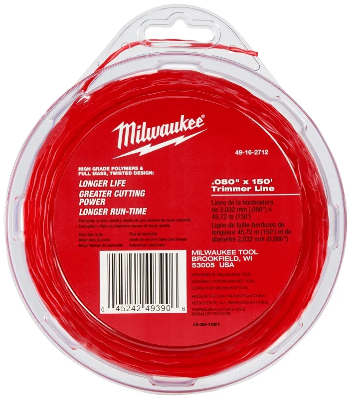 Milwaukee 49-16-2712 Trimmer Line, 0.080 in Dia, 150 ft L, Polymer, Black :EA: QUANTITY: 1